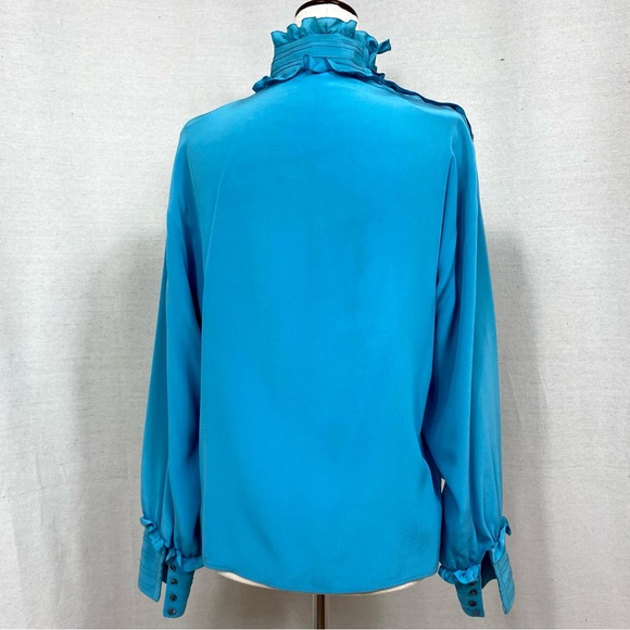 Chloe Vintage Teal Blue Mock Neck Ruffle Blouse - Picture 5 of 10